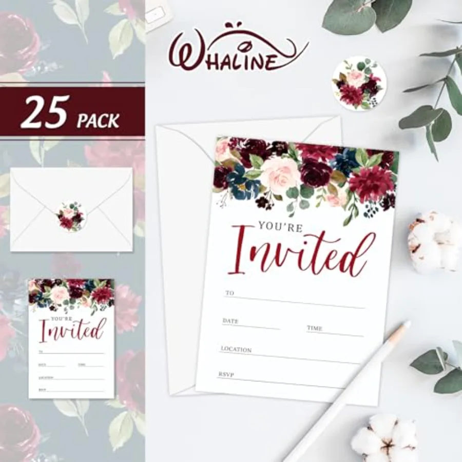 25 Sets Flower Invitations with Envelopes Stickers Watercolor Floral, view 3
