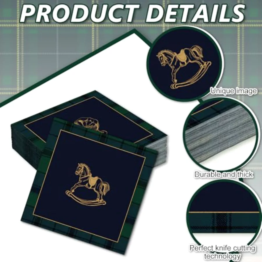 50Pcs Baby Shower Cocktail Napkins Green Blue Tartan Plaid Paper Napkins, view 3