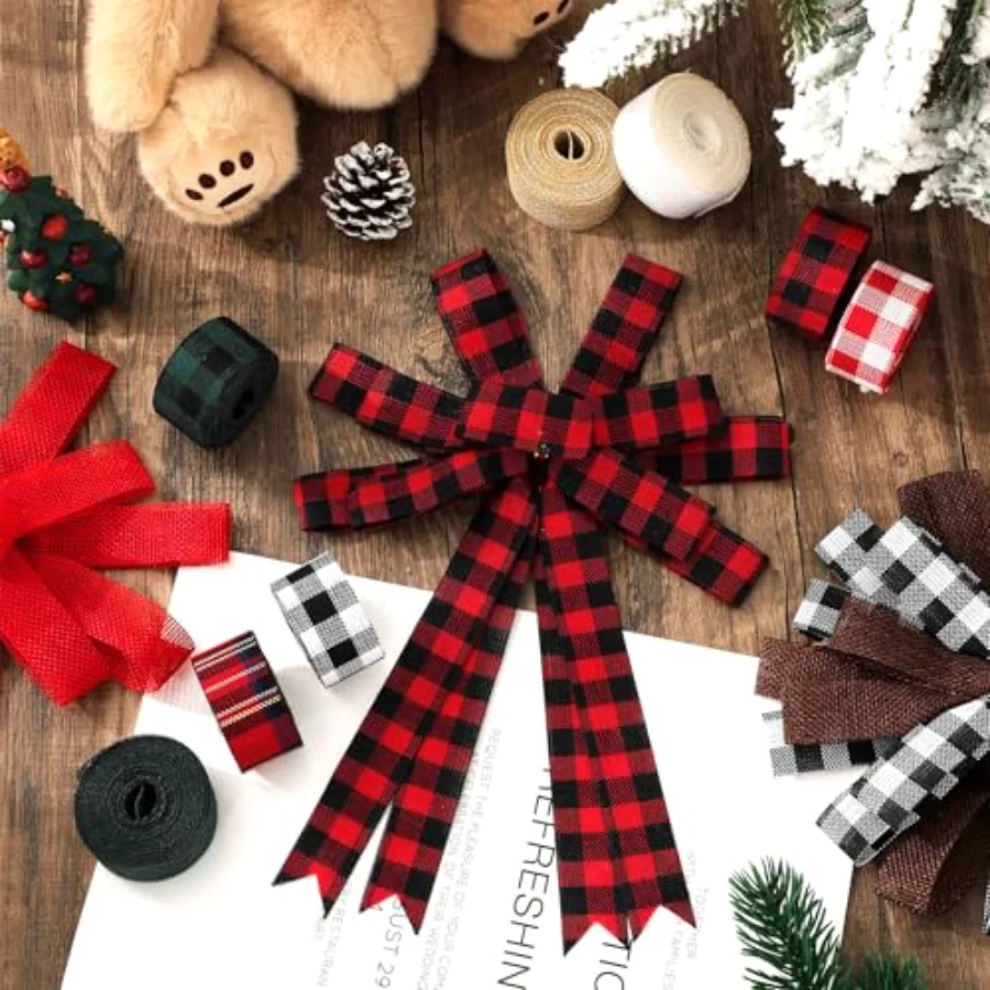 10 Rolls 50 Yard Christmas Plaid Burlap Ribbon Rolls 1 Inch Gift Wrapping, view 4