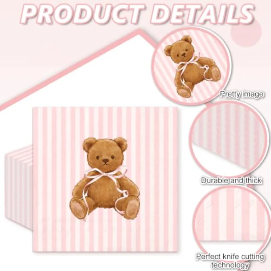 50Pcs Cute Bear Cocktail Napkins Pink Beige Striped Paper Napkin, view 3