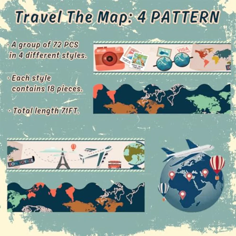 70.8Ft Let's Explore World Map Bulletin Board Borders Travel The Map, view 3