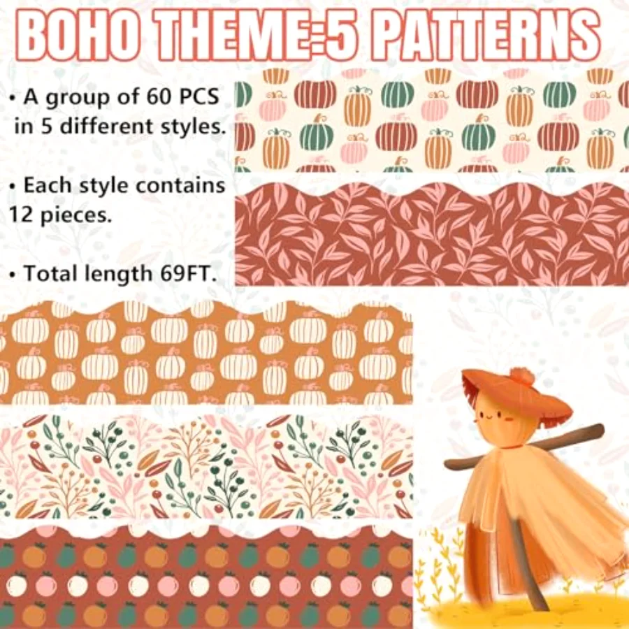 69 Ft Fall Boho Bulletin Board Borders Pumpkin Leaves Scalloped Border, view 3