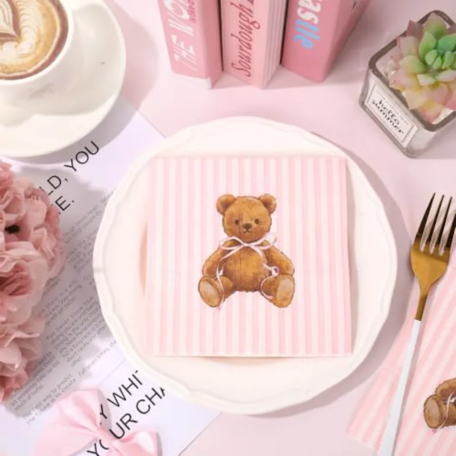 50Pcs Cute Bear Cocktail Napkins Pink Beige Striped Paper Napkin, view 4