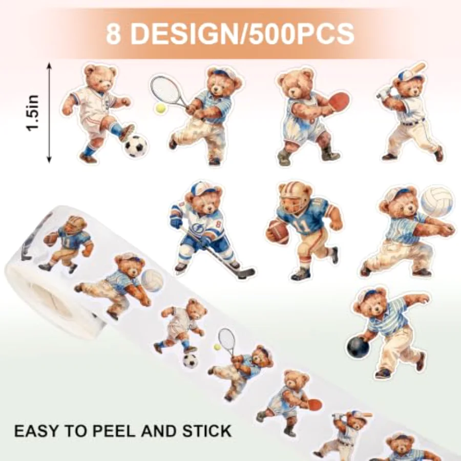 500Pcs Sport Bear Sticker Roll Ball Game Bear Stickers Cute Cartoon, view 2