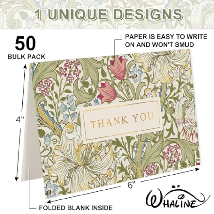50 Packs Floral Gold Foil Thank You Cards Greeting Card Vintage Greenery, view 2