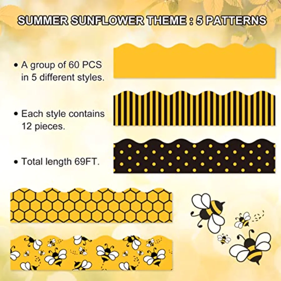 69Ft Bee Bulletin Board Borders Black Yellow Cartoon Bees Honeycomb, view 3