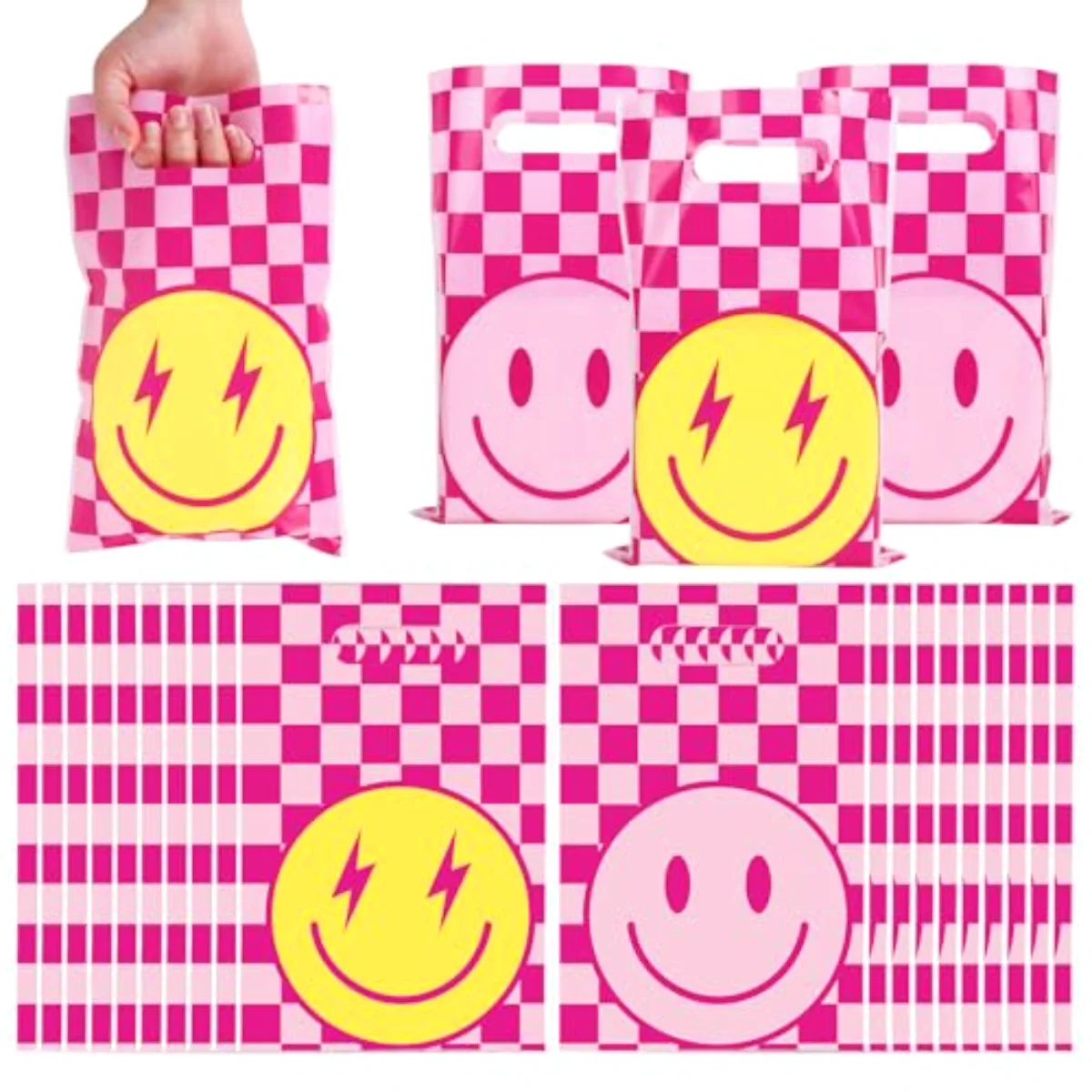 50 Pcs Preppy Party Favor Bag Pink Checkered Smile Face Treat Bags with