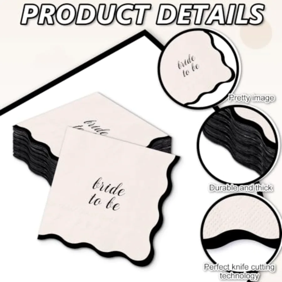 50Pcs Bride To Be Cocktail Napkins Beige Black Scalloped Disposable Paper, view 3
