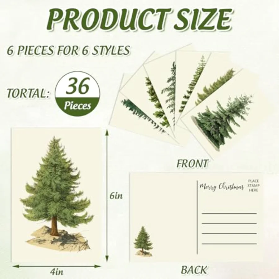 36Pcs Christmas Postcard Vintage Xmas Tree Post Card 6 Designs Green Beige, view 2