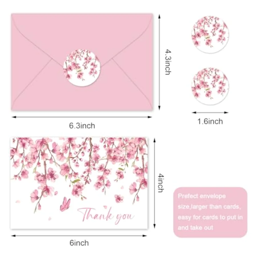 24Pcs Cherry Blossom Thank You Cards with Envelopes Stickers Pink Flower, view 2