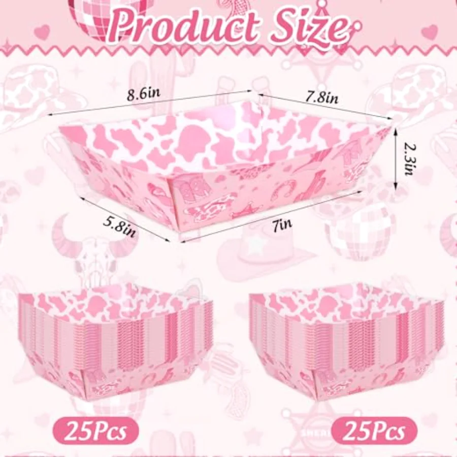 50 Pcs Western Cowgirl Paper Snack Trays Disposable Food Boats Pink Rodeo, view 2