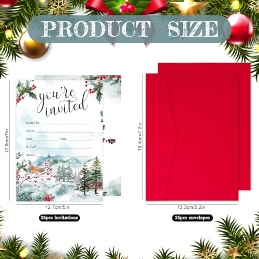25 Pack Christmas Party Invitation Cards Winter Woodland Robin Invitation, view 2