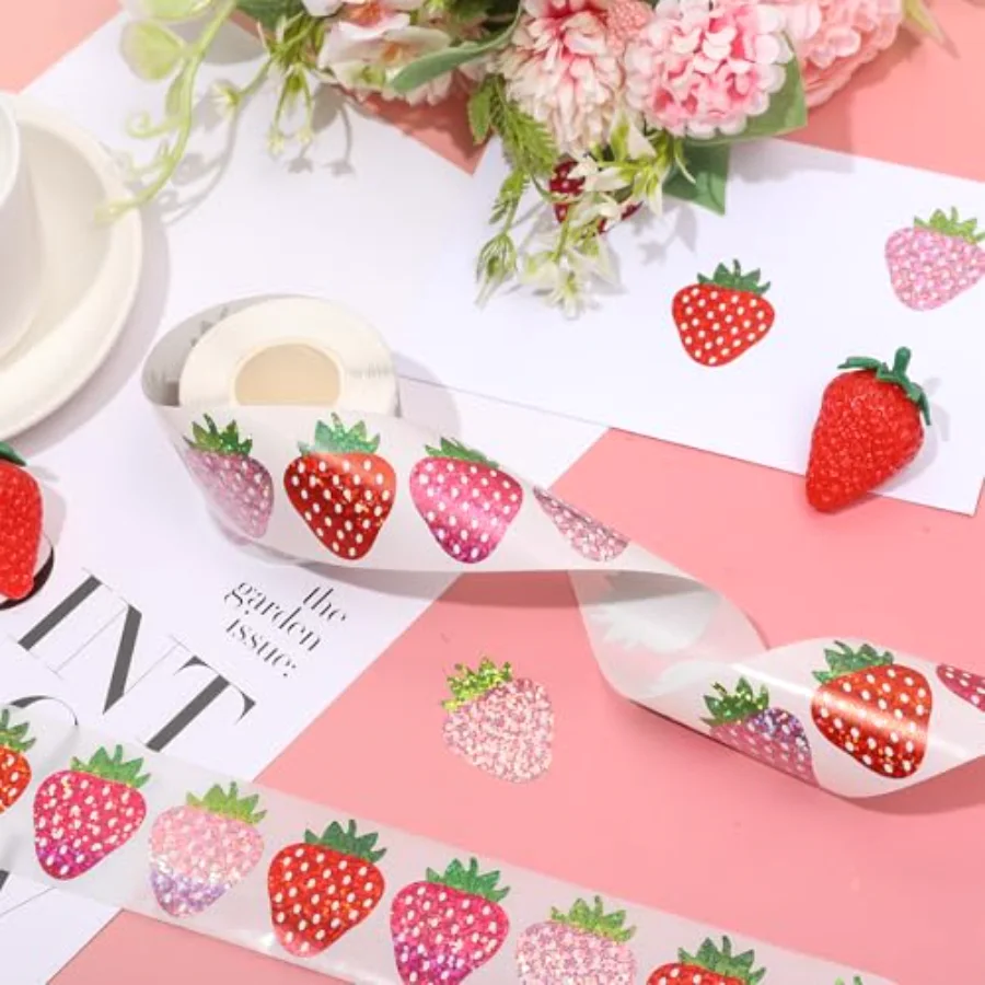 Strawberry Stickers Roll Holographic Pink Red Berry Fruit Seal Stickers 3, view 3