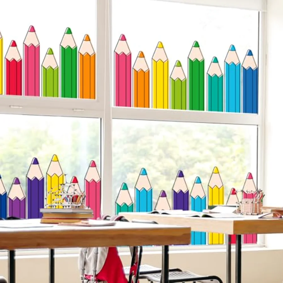 9 Sheets Colorful Pencil Window Clings Window Decal Back to School Rainbow, view 4