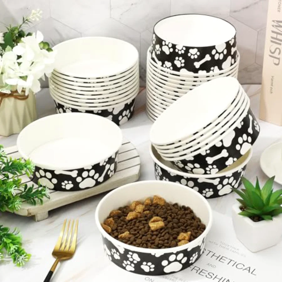 50Pcs Pet Disposable Feeding Bowls Black White Paper Dog Bowls Small Dog, view 4