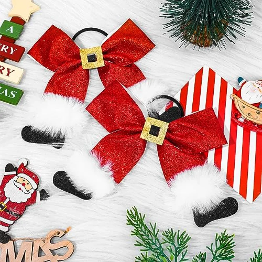 4 Pcs Christmas Cheer Hair Bows Hair Ties Glitter Large Santa Claus Ribbon, view 4