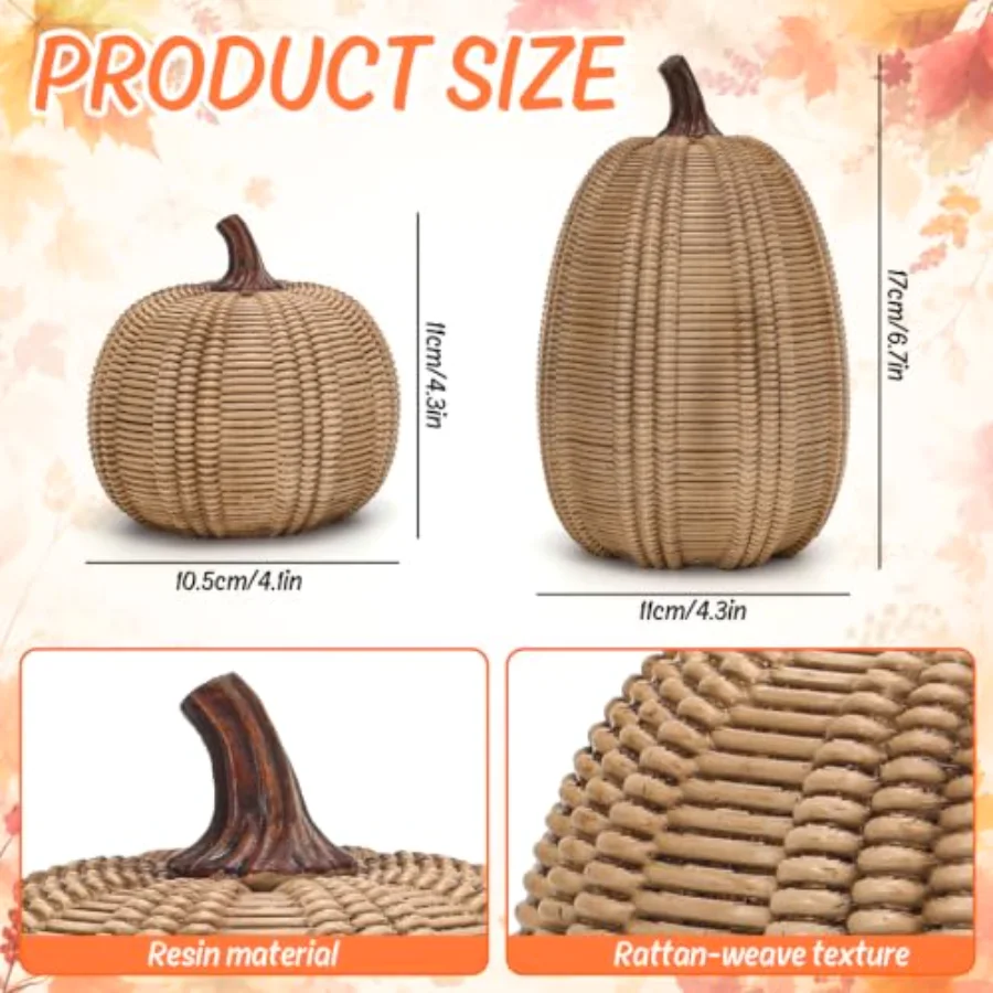 Fall Thanksgiving Pumpkin Decoration 2Pcs Artificial Rattan Resin Pumpkins, view 2