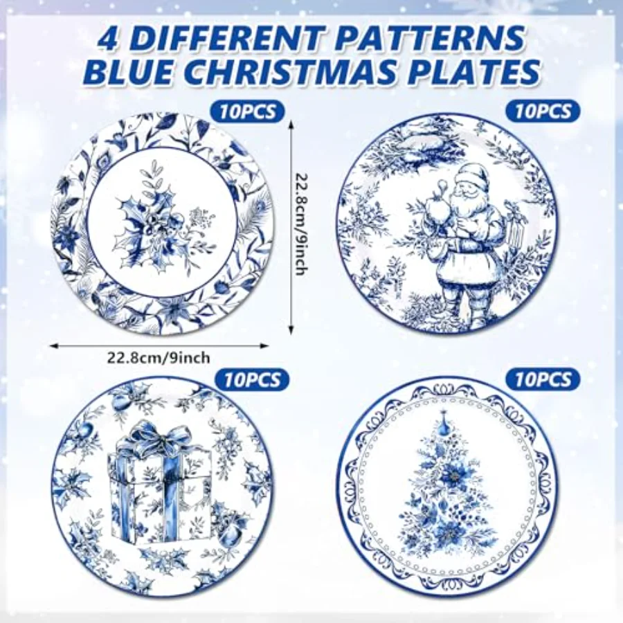 40 Pcs Christmas Paper Plates 4 Designs Chinoiserie Blue and White, view 2