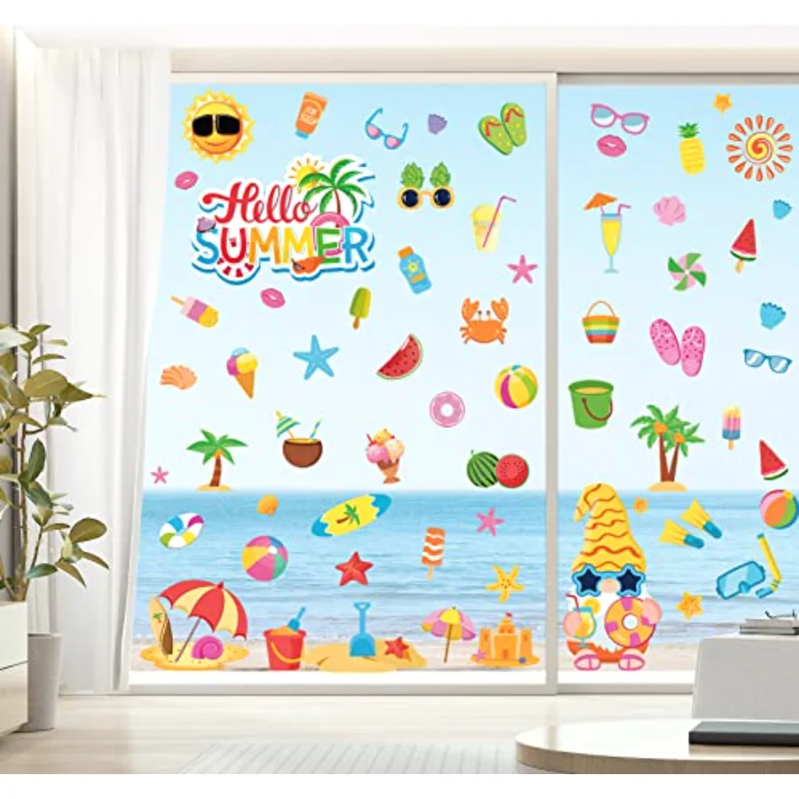 9 Sheets Hello Summer Window Clings Sun Pool Beach Window Decals Drinks, view 2