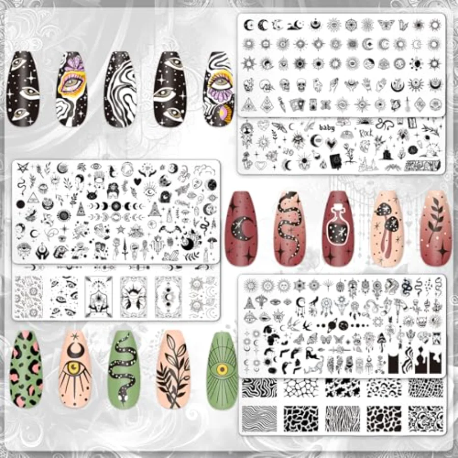 6 Pcs Gothic Halloween Nail Plates Stamping Set Skull Evil Eye Moon Stamp, view 3