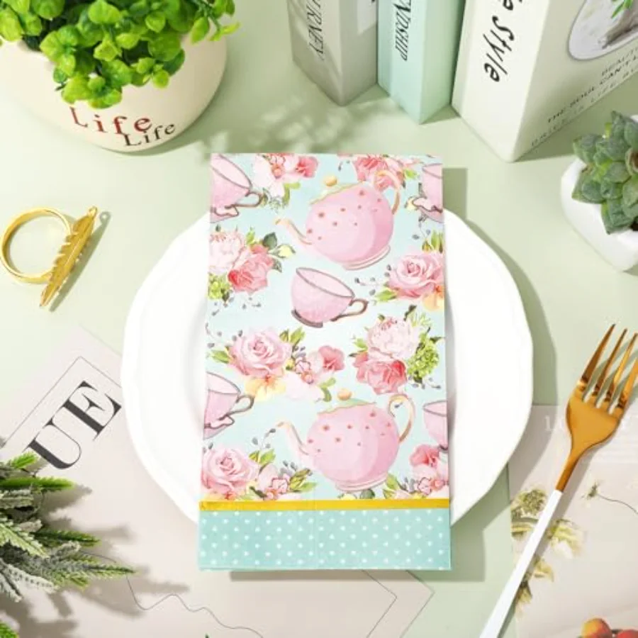 100Pcs Floral Tea Party Paper Napkins Teacups Guest Napkins Disposable, view 3