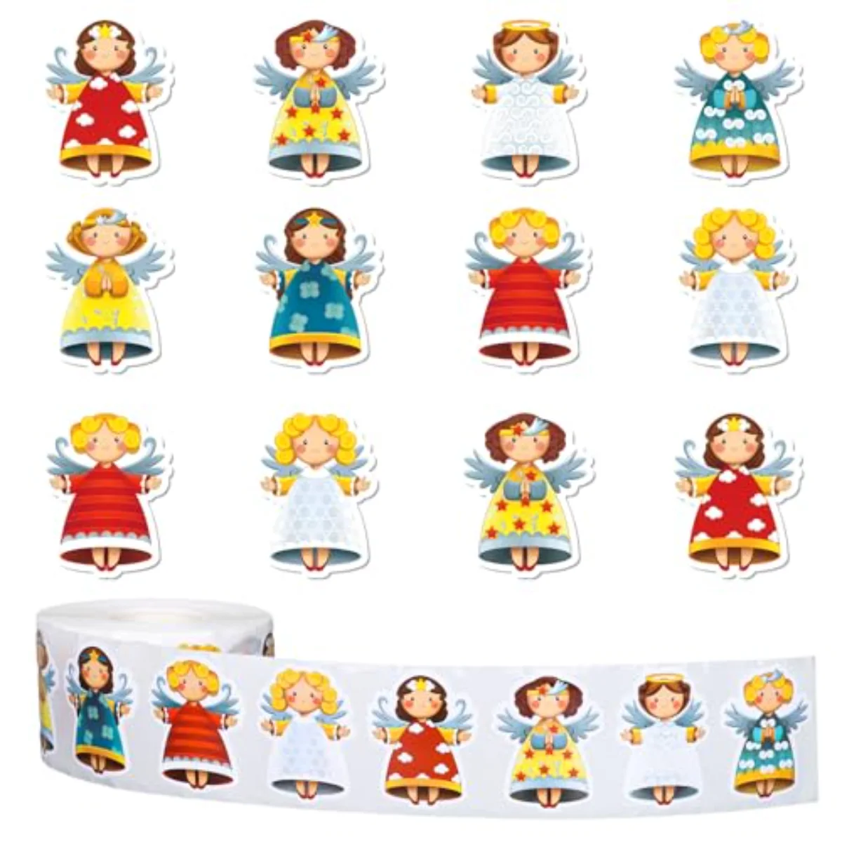 1000Pcs Christmas Angel Stickers Roll Xmas Cartoon Angel Decals 8 Design