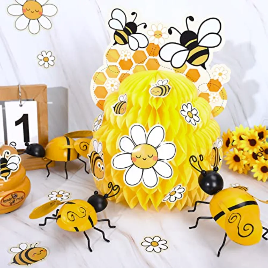4Pcs Bee Party Decorations Yellow Honeycomb Centerpiece Spring Summer, view 4