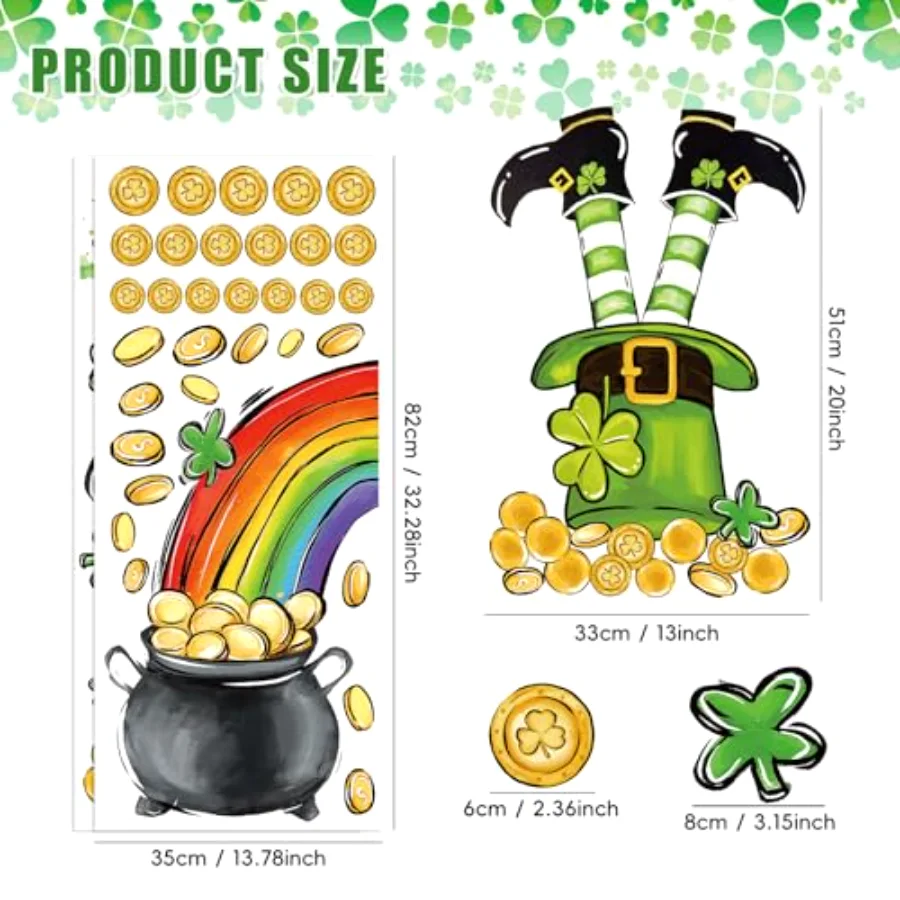 Large St. Patrick's Day Window Clings Green Shamrock Clover Gold Coin, view 2