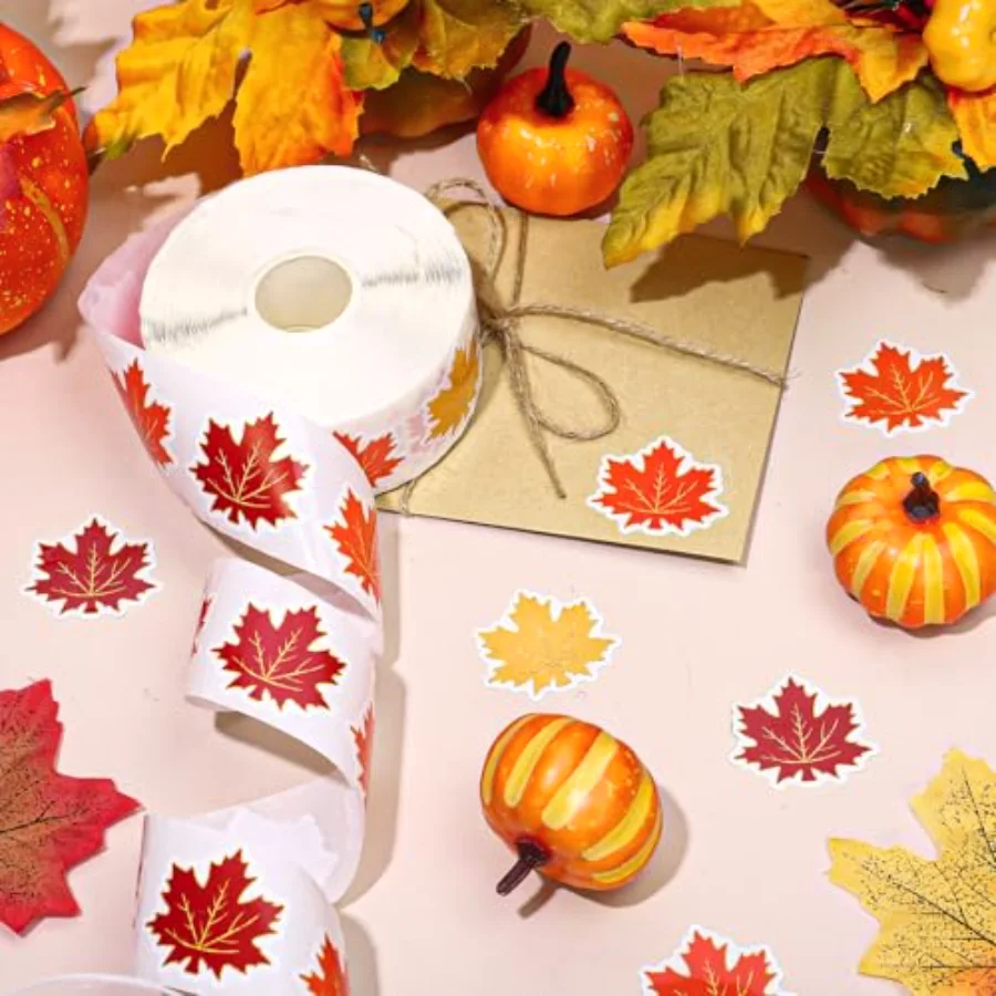 1000 Pcs Fall Thanksgiving Leaves Stickers Roll Gold Rim Maple Leaf, view 3