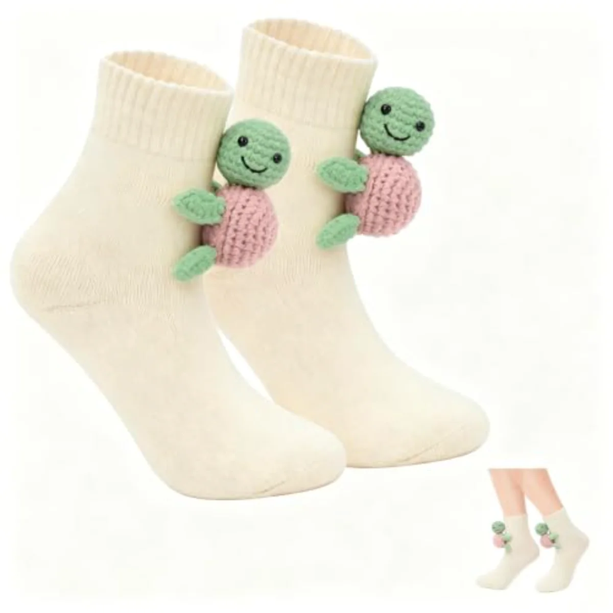 1 Pair Turtle Socks Cotton Socks Beige 3D Knit Animal Sock for Holiday