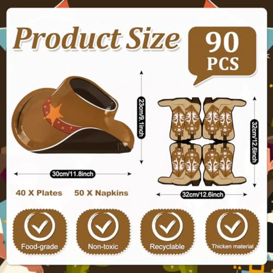 90Pcs Western Cowboy Tableware Set Brown Cowboy Hat Plates Boot Napkins, view 2