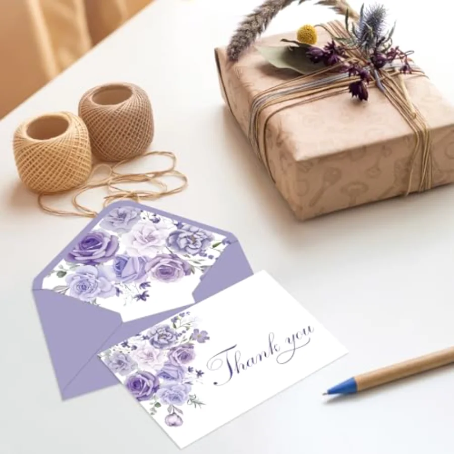 24Pcs Lavender Floral Thank You Cards with Envelopes and Stickers Purple, view 4
