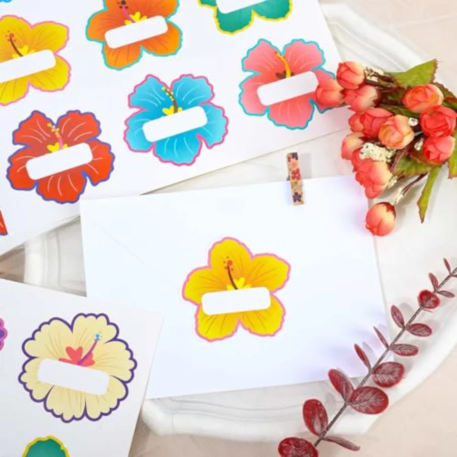 90Pcs Hibiscus Flower Name Tag Stickers Colorful Floral Blank Nameplate, view 4
