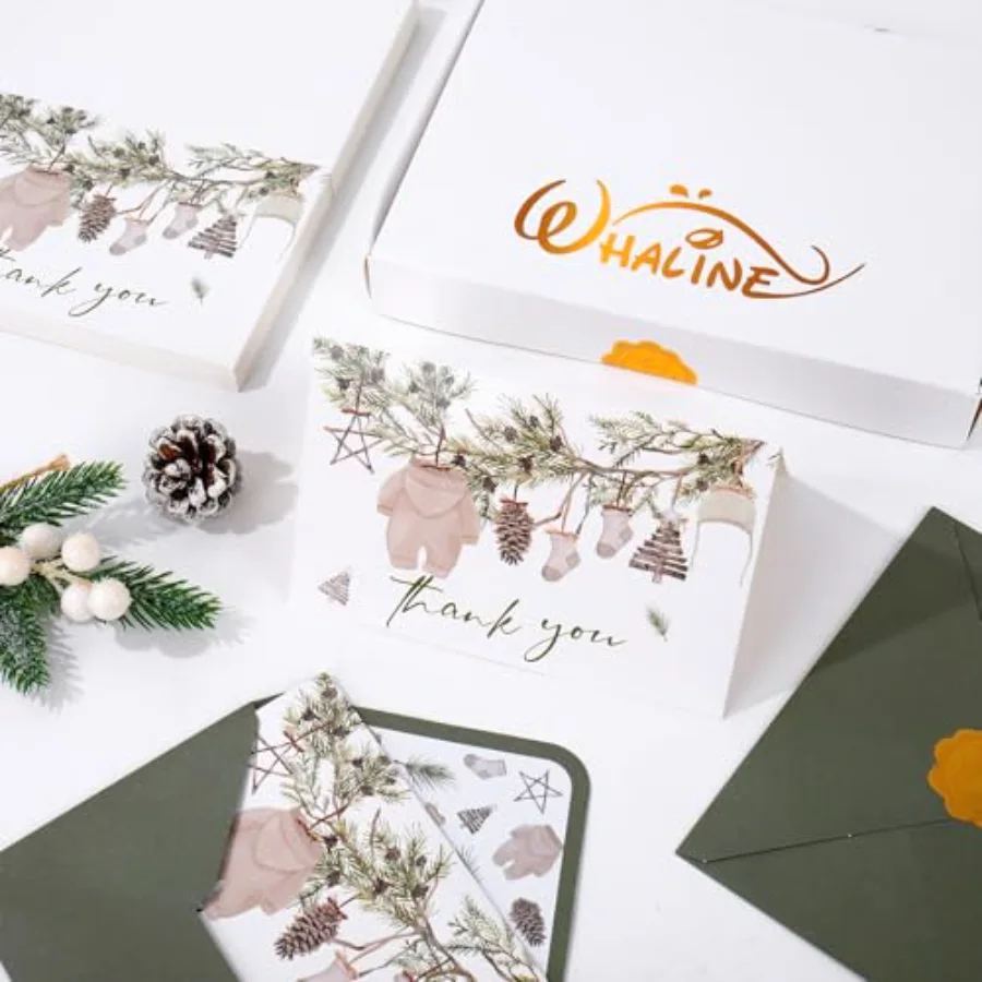 50 Pack Winter Baby Shower Thank You Cards Bulk Boxed Christmas Blank Note, view 4