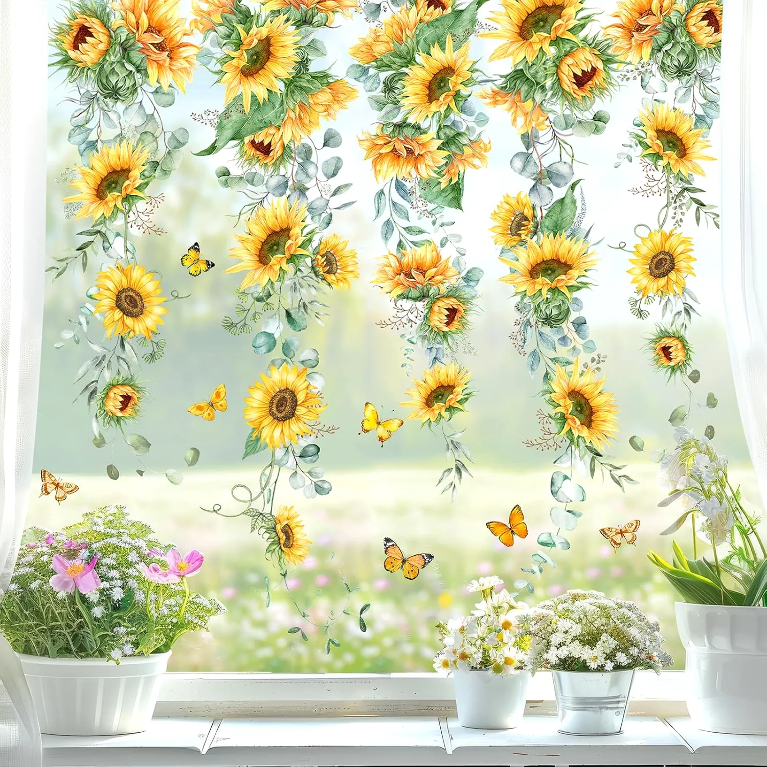 9 Sheets Summer Floral Window Cling Stickers Sunflower Hanging Flower Vine