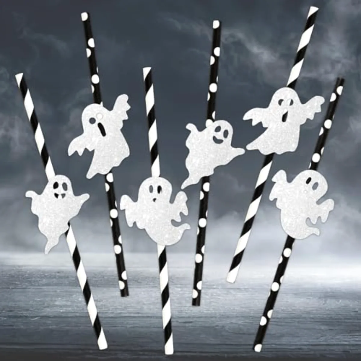 Halloween Ghost Paper Straws Glitter Ghost Disposable Drinking Straws Cute