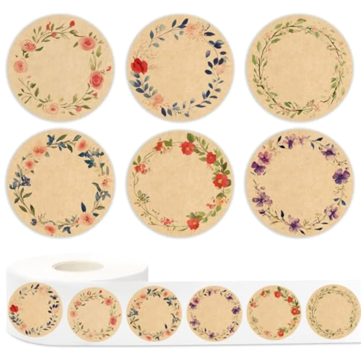500 Pcs Spring Kraft Label Stickers Roll Tag Stickers Watercolor Flower