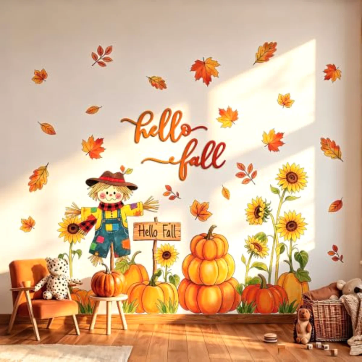 Hello Fall Window Stickers Pumpkin Pile Scarecrow Maple Leaves Wall Decals