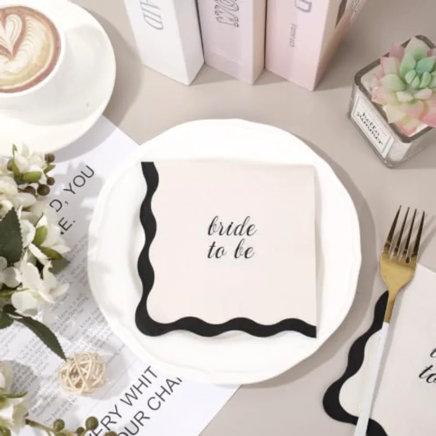 50Pcs Bride To Be Cocktail Napkins Beige Black Scalloped Disposable Paper, view 4