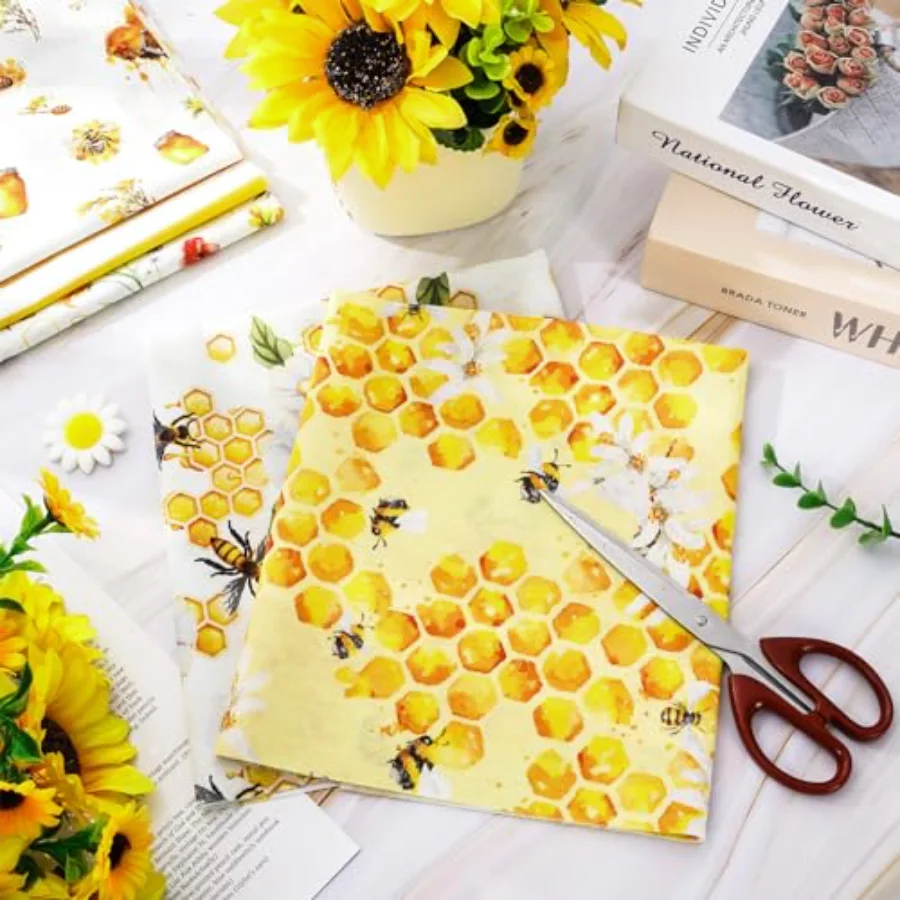 12 Pcs Summer Cotton Fabric Bundles Watercolor Bee Honeycomb Sunflower Fat, view 4