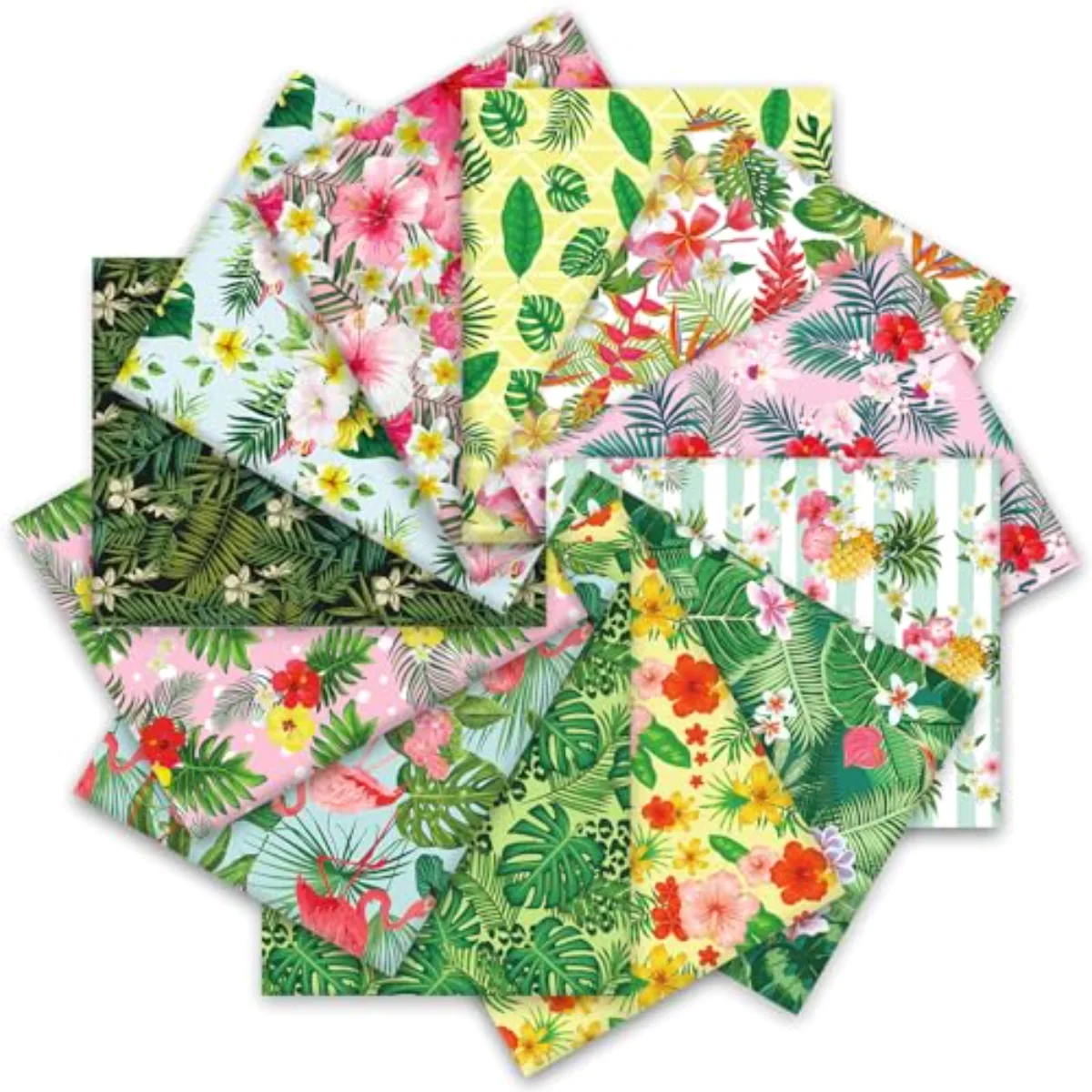 12 Pcs Summer Cotton Fabric Bundles Tropical Leaves Flower Flamingo Fat