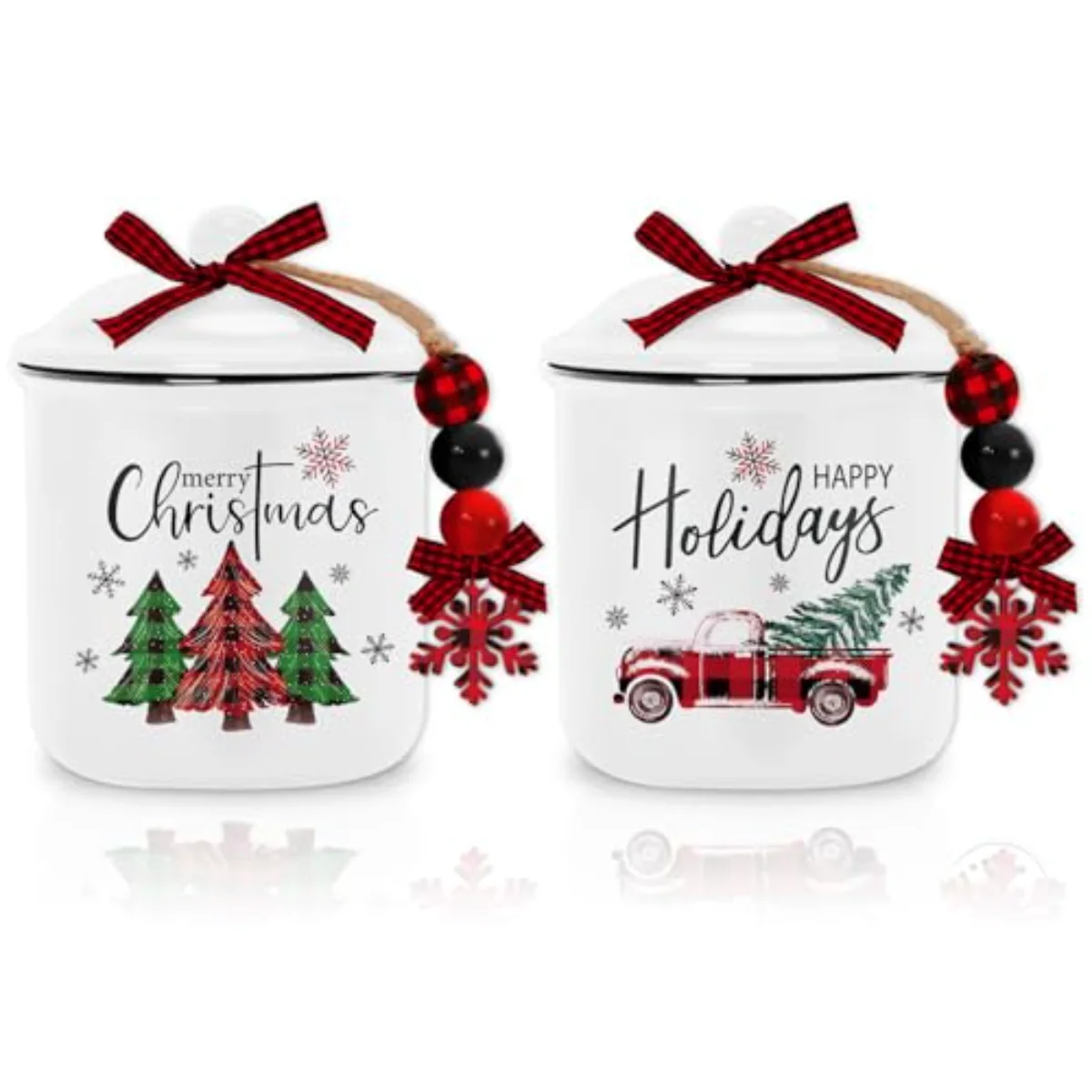 2Pcs Christmas Mini Ceramic Canister Red Green Plaid Xmas Tree Truck