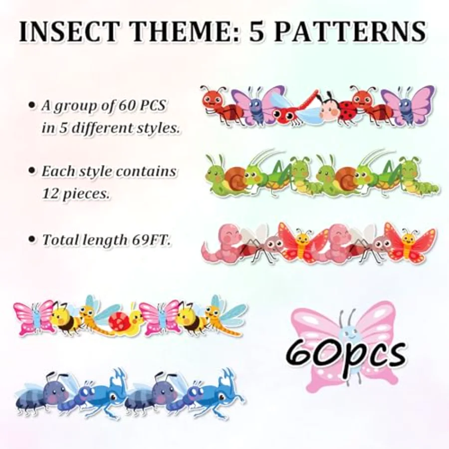 69 Ft Insect Bulletin Board Borders Colorful Cartoon Bug Adhesive Trim, view 3
