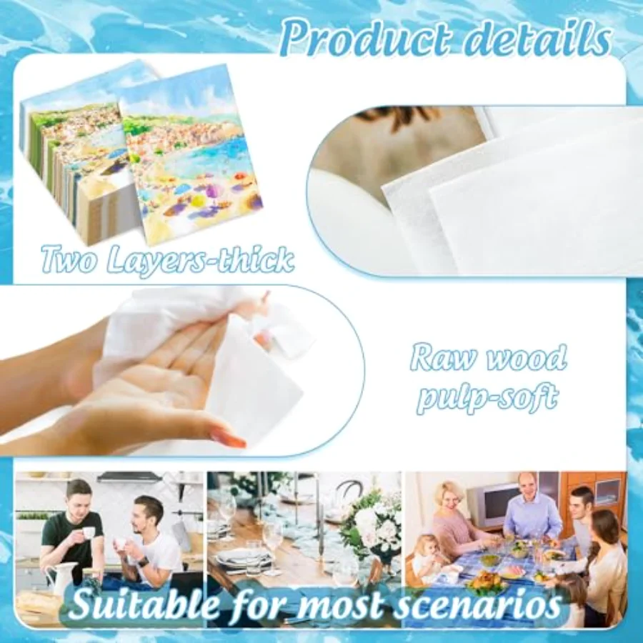 50 Pcs Beach Paper Napkins Disposable Luncheon Napkins Watercolor Sea, view 3