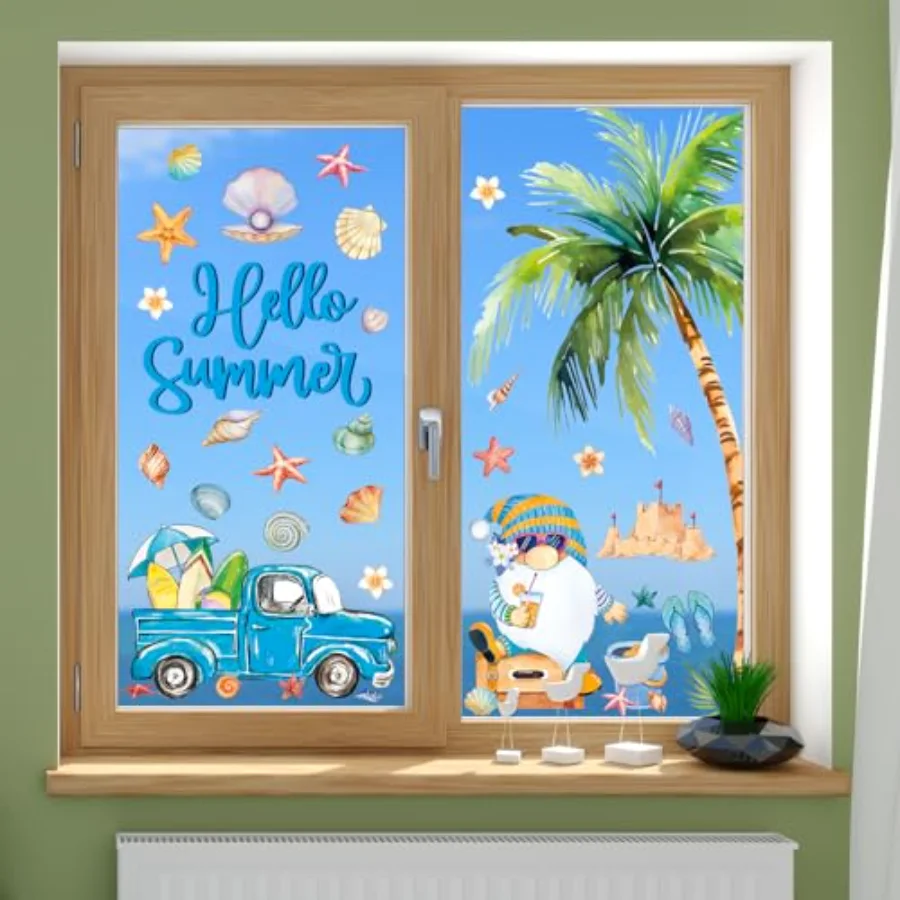 6 Sheet Hello Summer Window Clings Large Palm Tree Sun Beach Gnome Window, view 3