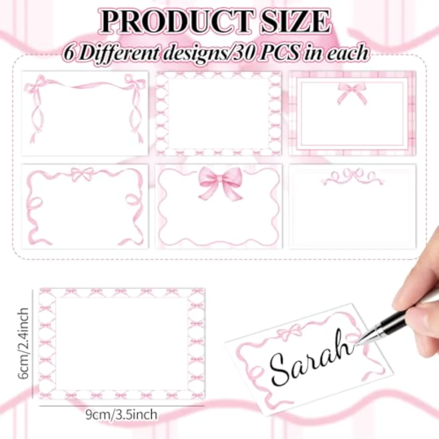 180 Pcs Pink Bow Name Tag Stickers Pretty Bowknot Rectangle Nameplate, view 2