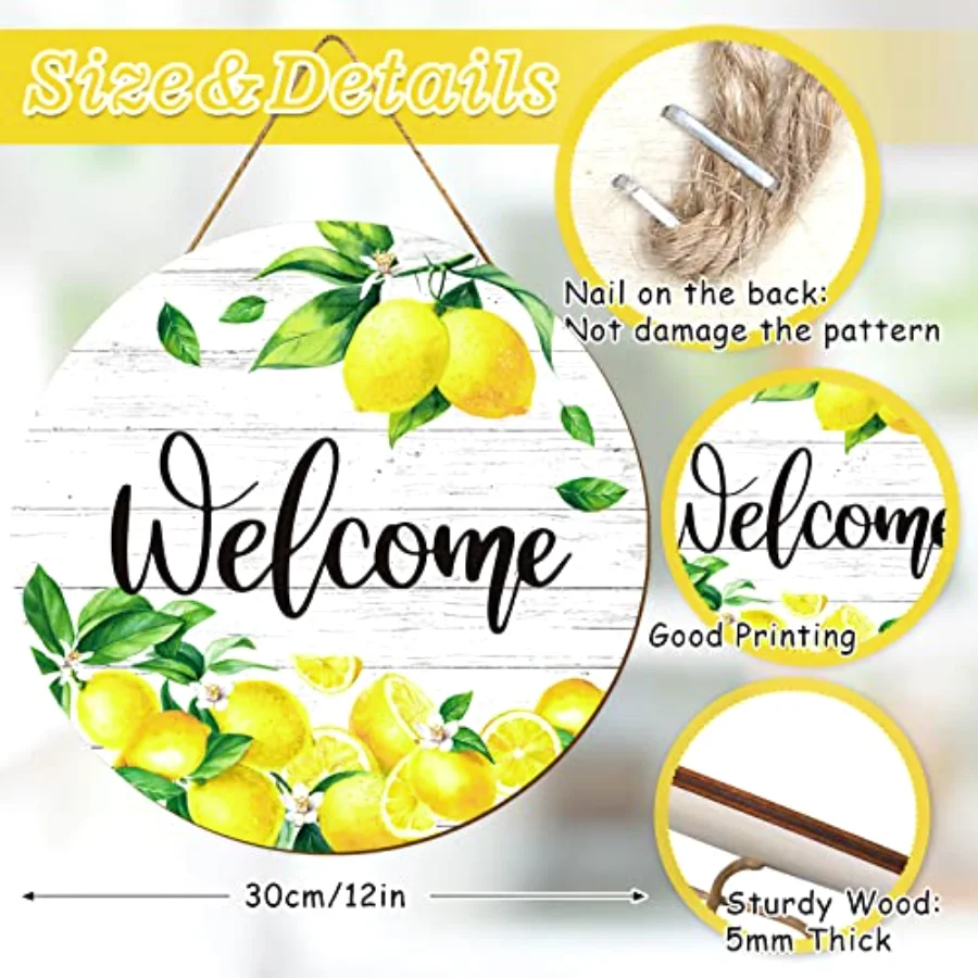 Lemon Welcome Door Sign Summer Lemon Wooden Hanging Sign Farmhouse Rustic, view 2