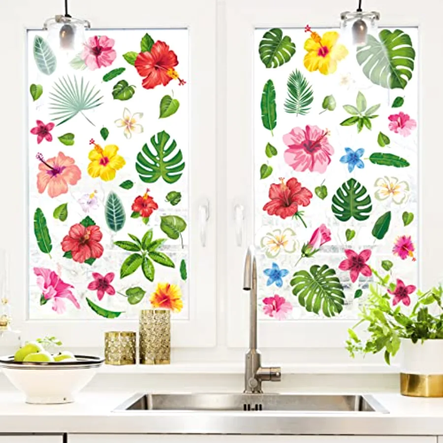 9 Sheets Summer Palm Leaves Window Clings Tropical Hibiscus Flower Window, view 4