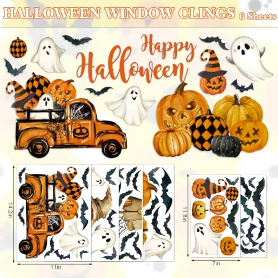 6 Sheet Halloween Window Clings Black Orange Evil Scarecrow Pumpkin Truck, view 4