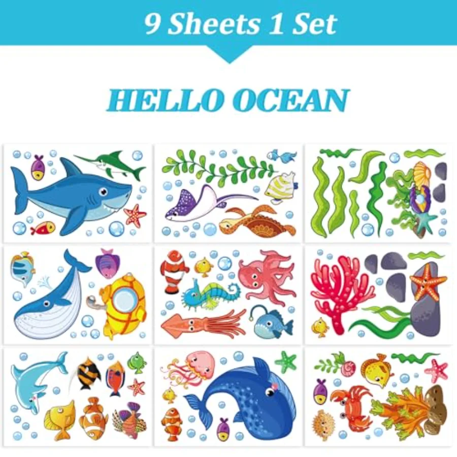 9 Sheets Summer Ocean Themed Window Clings Stickers Cartoon Sea Life Under, view 4